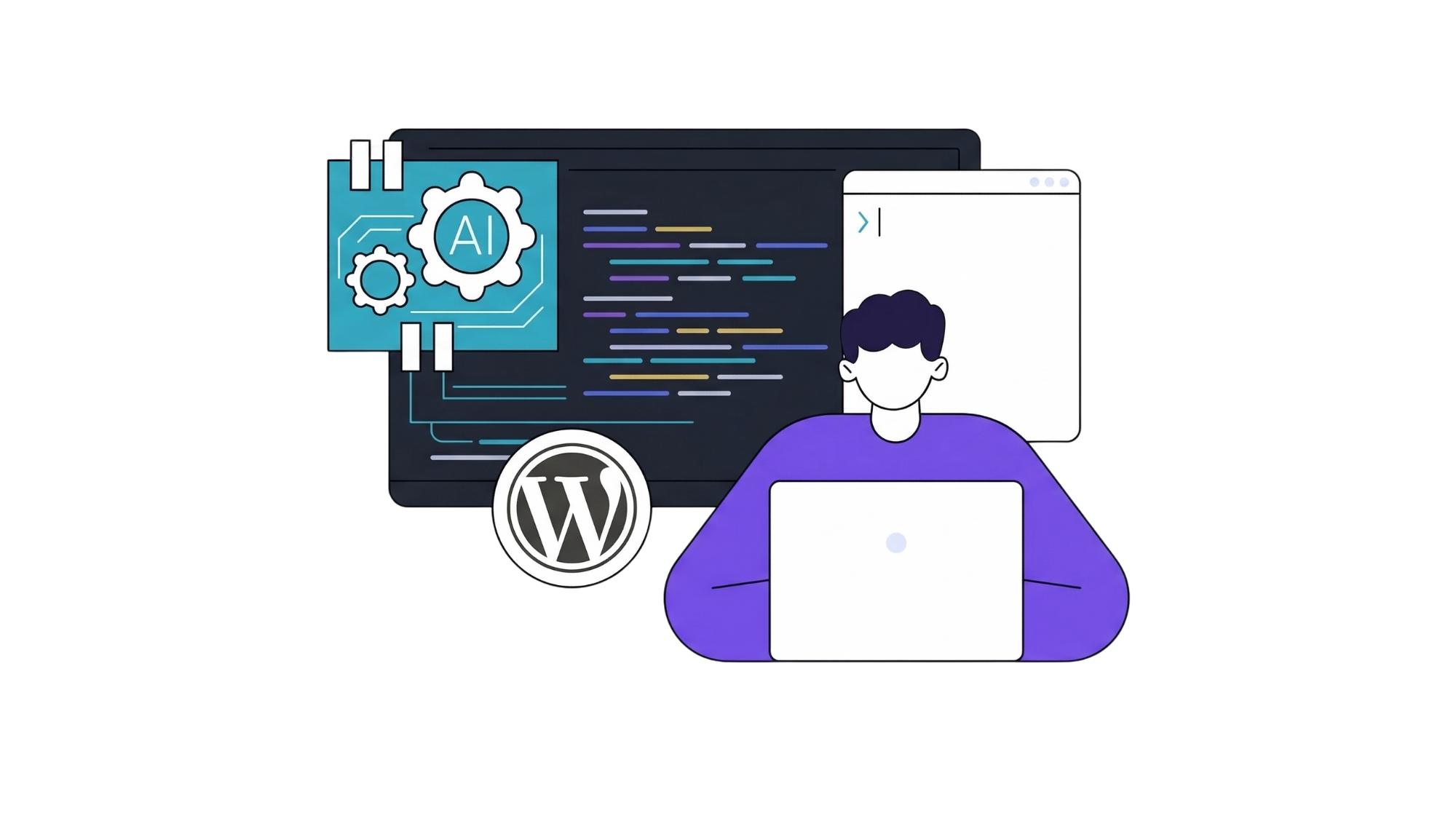 Illustration af en moderne WordPress Gutenberg editor der bruger AI til at automatisere design og indhold.