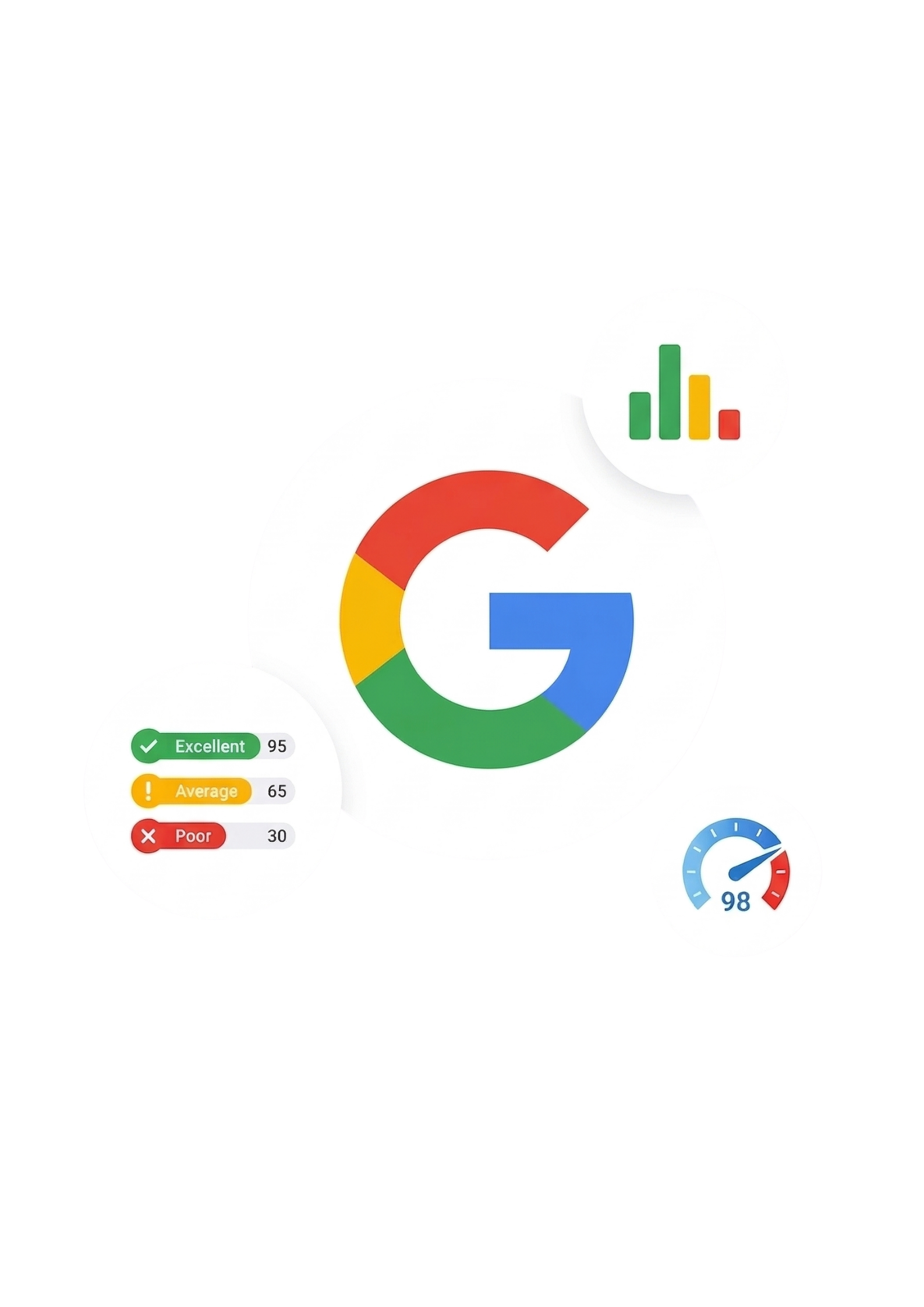 Det centrale Google 'G'-logo omgivet af cirkler, der viser forskellige målinger for webshop hastighed og performance-resultater.